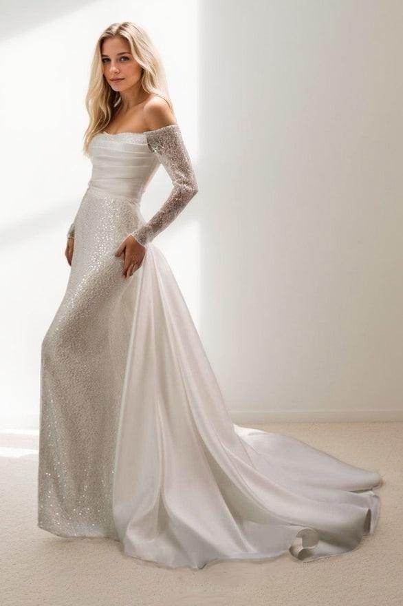 Sheath-Column Court Train Sequined Lace/Satin Wedding Dress CW3469 - COCOMELODY